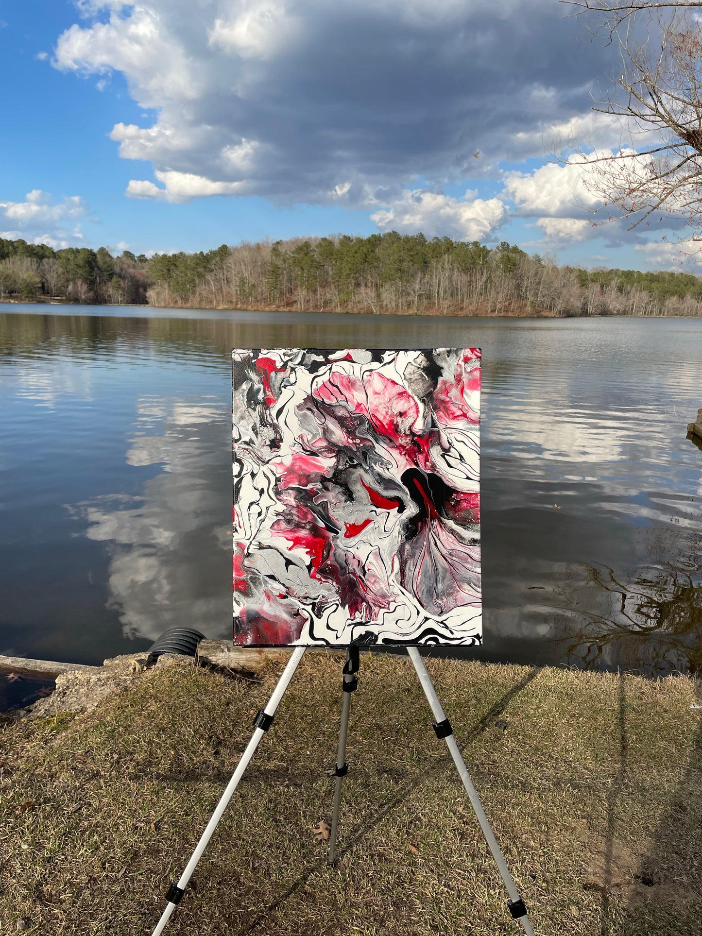 Black, red & white abstract acrylic painting