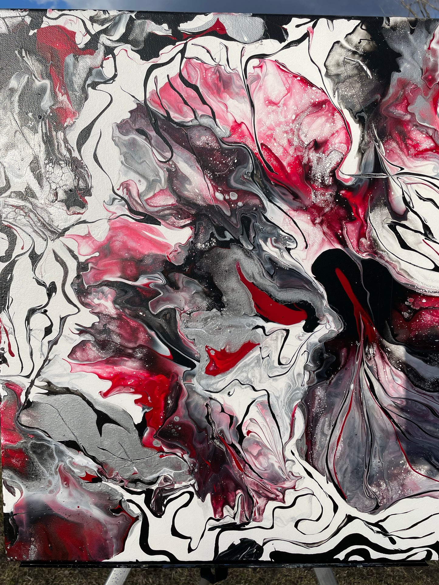 Black, red & white abstract acrylic painting