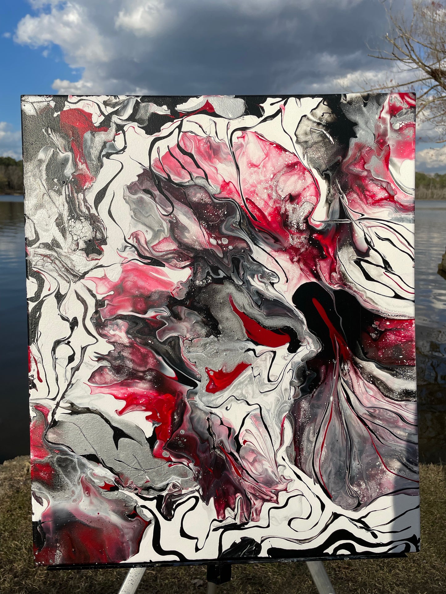 Black, red & white abstract acrylic painting