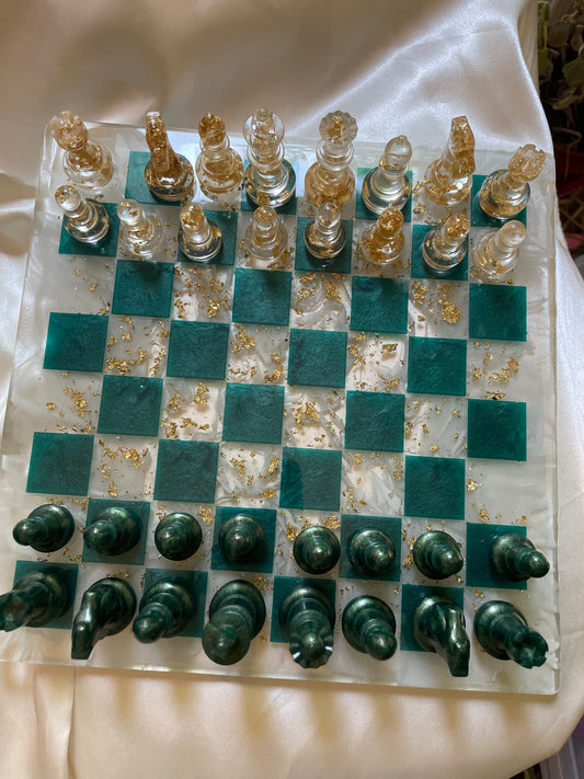 Emerald green & gold marble chessboard