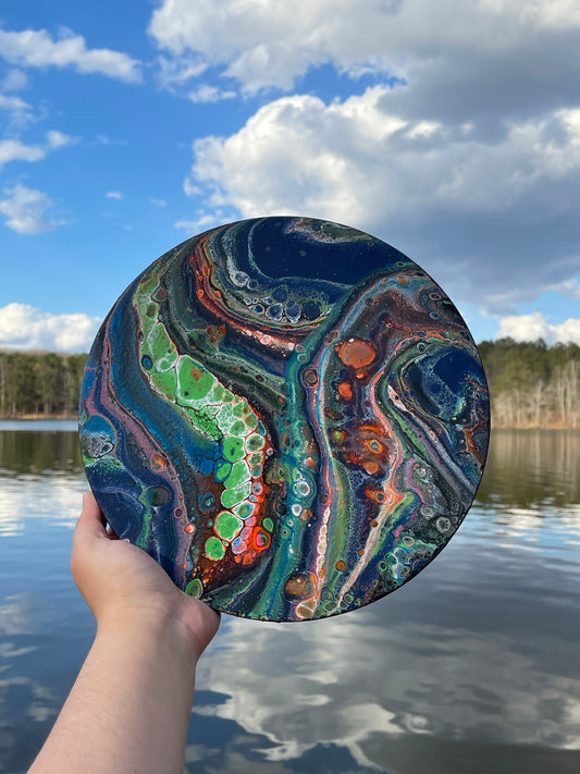 Abstract acrylic pour on round canvas “The Earth”